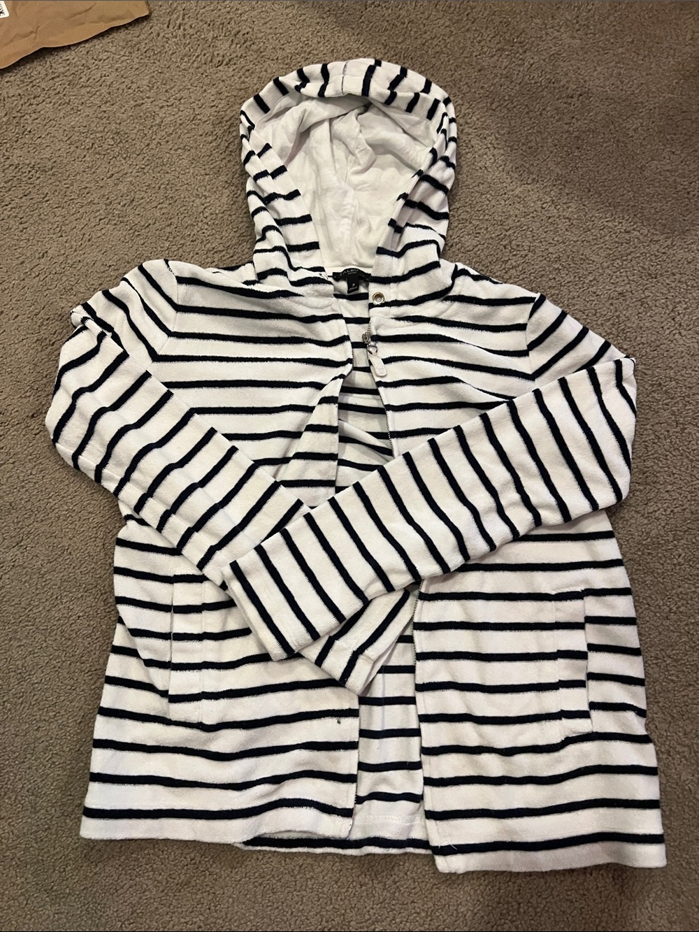 Talbots Navy and White Striped Hooded Cardigan